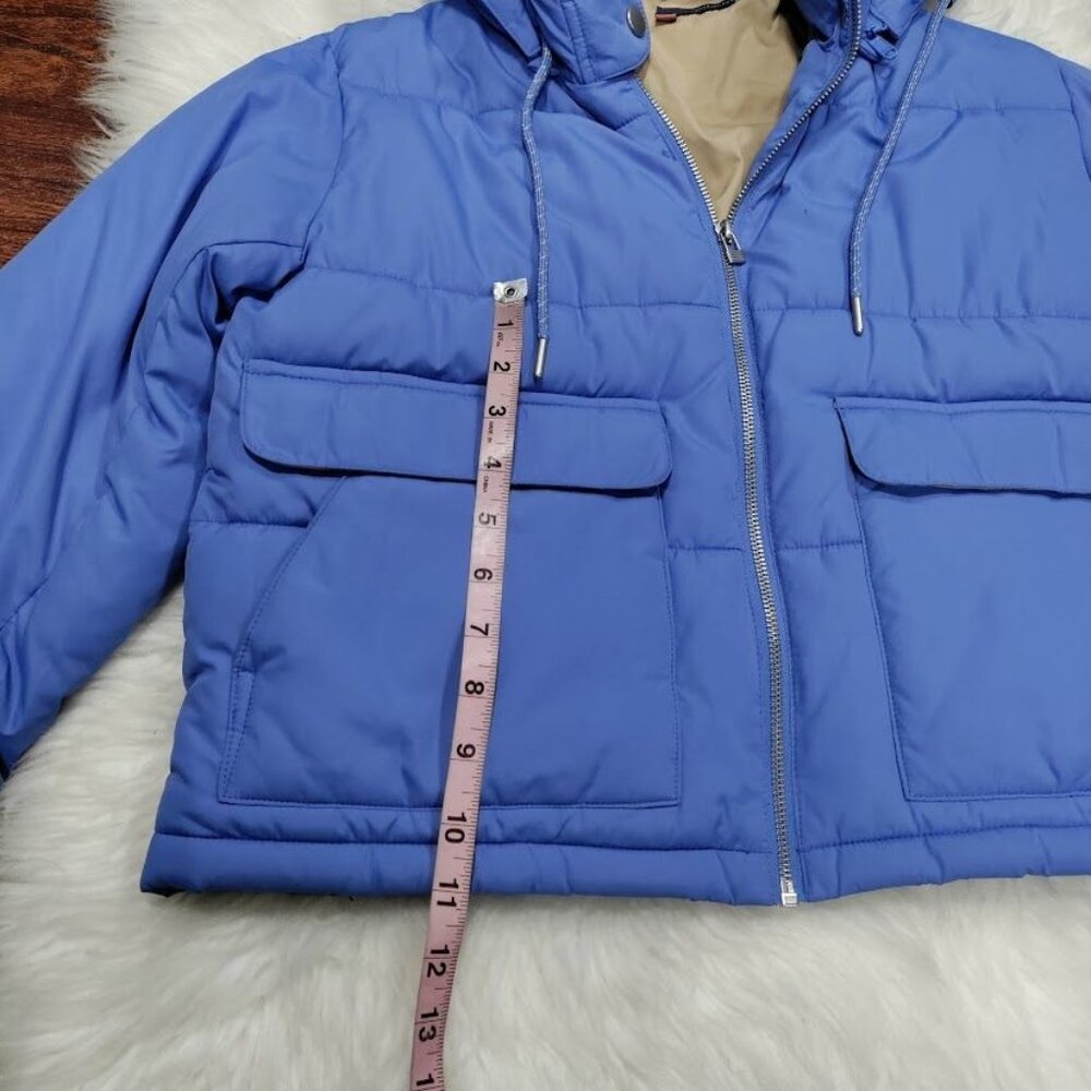 Pilcro Cropped Colorblock Womens Size XS Full Zip Hooded Puffer Jacket Blue - Picture 12 of 13